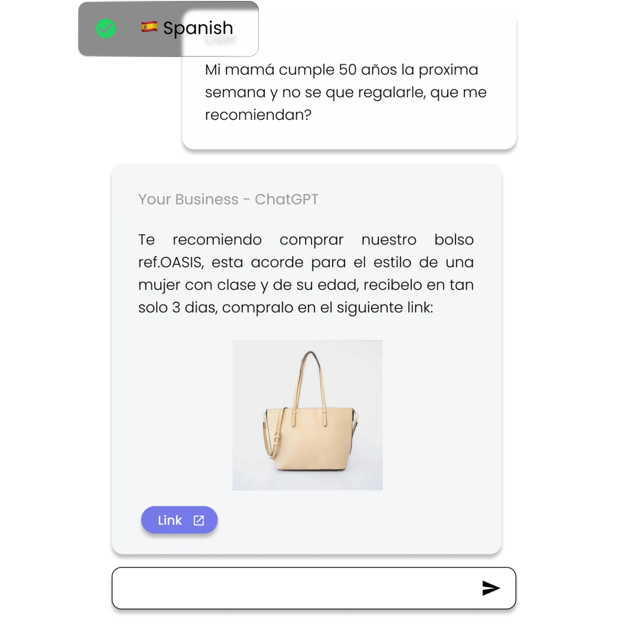 ChatPro AI custom agent interface showing multilingual product recommendations